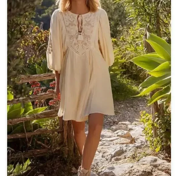 Anthropologie Viveka Embroidered Floral Mini Dress Balloon Long Sleeve Ivory S - Picture 2 of 10